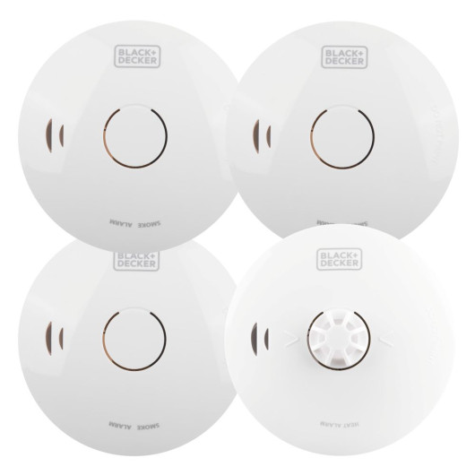 Four circular BLACK+DECKER alarms, three smoke alarms and one heat alarm, each featuring a central test button and sensor with simple white casing.