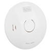Black and Decker connected smoke alarm shown from an angled view displaying the front surface and test button