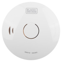 Front view of black and decker connected smoke alarm showing circular shape and control button in the centre