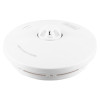 angled view of black and decker multi sensor 10yr battery smoke alarm showing circular white device with central sensor and vents