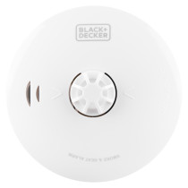 Front view of black and decker multi sensor 10yr battery smoke alarm showing central sensor and logo
