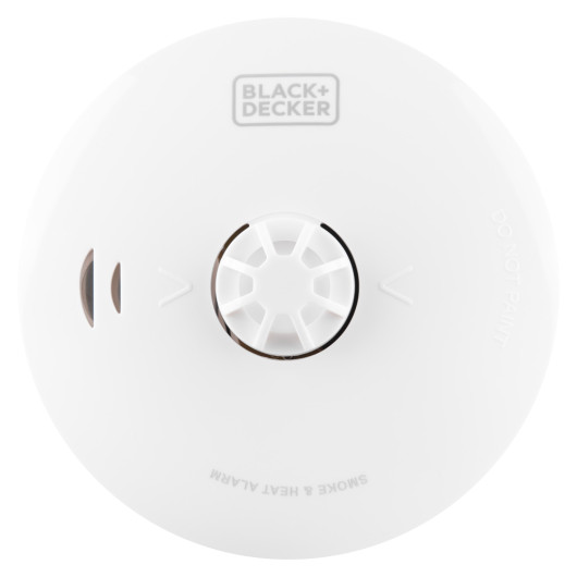 Front view of black and decker multi sensor 10yr battery smoke alarm showing central sensor and logo