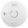 Front view of a black and decker smoke alarm showing the central button and brand logo on a white circular device