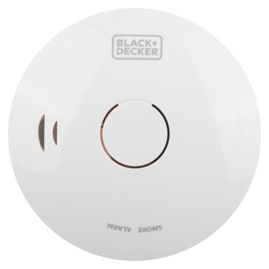 Front view of a black and decker smoke alarm showing the central button and brand logo on a white circular device