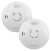 black and decker smoke alarm twin pack showing front view of two round white alarms with central buttons and logo visible