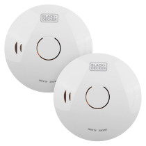 black and decker smoke alarm twin pack showing front view of two round white alarms with central buttons and logo visible