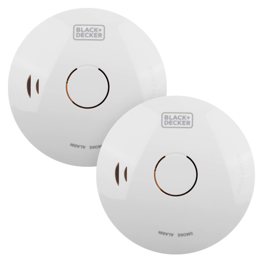 black and decker smoke alarm twin pack showing front view of two round white alarms with central buttons and logo visible