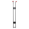 Front view of a black p50 2kg powder extinguisher bracket with red protective caps on the top hooks