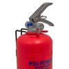 Close up of the bracket on the p50 service free 2kg powder extinguisher showing the top lever and pressure gauge