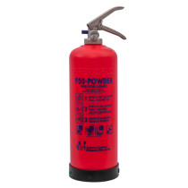 Front view of a p50 service free 2kg powder extinguisher showing the body and handle details