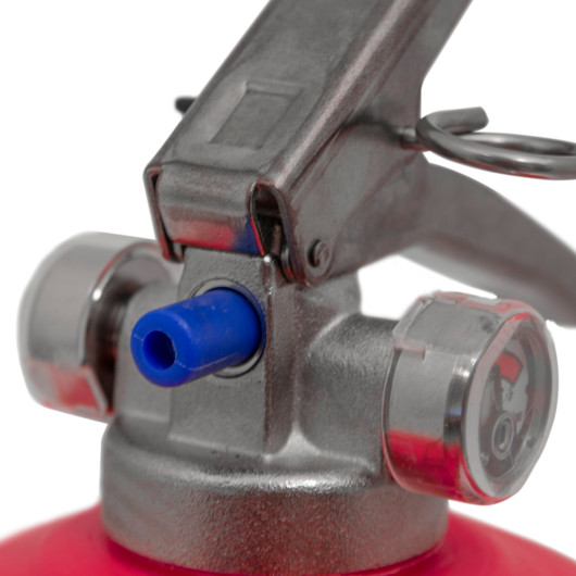 Close up of the handle and blue nozzle of a p50 service free 2kg powder extinguisher