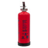 Side view of a red p50 service free 2kg powder extinguisher showing the label and metal handle