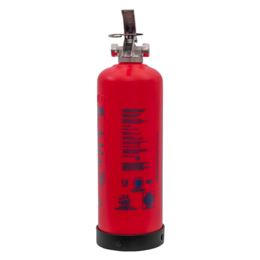 Side view of a red p50 service free 2kg powder extinguisher showing the label and metal handle