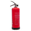 Back view of a p50 service free 2ltr water mist extinguisher showing labels and instructions on the red cylinder