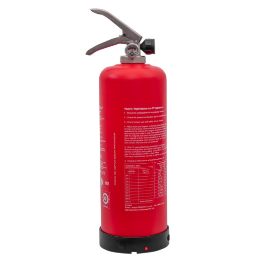 Back view of a p50 service free 2ltr water mist extinguisher showing labels and instructions on the red cylinder