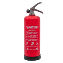 Front view of a red p50 service free 2ltr water mist extinguisher showing label and handle details