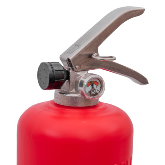 Close up of the handle and pressure gauge on a p50 service free 2ltr water mist extinguisher