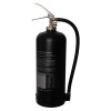 Rear view of a black P50 6-litre foam fire extinguisher showing the hose, handle, and maintenance information label.