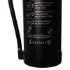 Close-up of the lower section of a black P50 foam fire extinguisher showing operating instructions and electrical-use markings