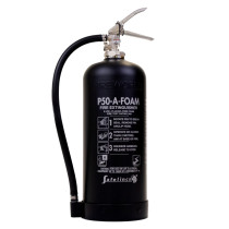 Image of a Befw6Bef P50 6Ltr A Foam Fire Extinguisher in black with hose and pressure gauge on white background
