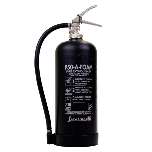Image of a Befw6Bef P50 6Ltr A Foam Fire Extinguisher in black with hose and pressure gauge on white background
