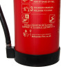 Close-up of the bottom part of the britannia p50 fluorine free a foam service free fire extinguisher showing safety and usage instructions