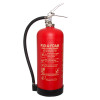 front view of a red britannia p50 fluorine free a foam service free fire extinguisher with hose and instructions visible