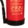 Close up of the bottom section of a red p50 fluorine free b foam extinguisher showing part of the label and base ring