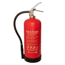 Front view of a p50 fluorine free b foam extinguisher with red body and attached hose