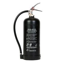 Front view of p50 6ltr fluoro free b foam extinguisher in black showing label and hose