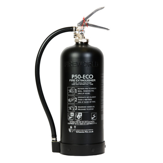 Front view of p50 6ltr fluoro free b foam extinguisher in black showing label and hose