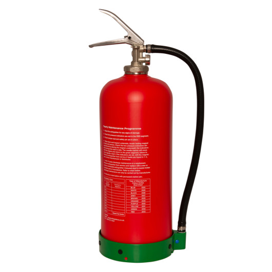 Back view of the p50 service free lithium ion avd extinguisher showing the red body with instructions and black hose