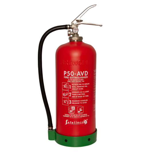 Front view of p50 service free lithium ion avd extinguisher with red cylinder and attached hose