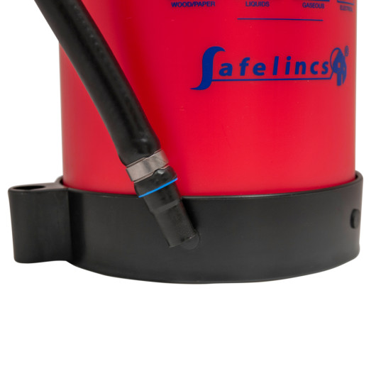 Close up view of the bottom section of the p50 service free 6kg powder extinguisher showing hose connection and base
