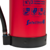 Bottom section of a red p50 service free 6kg powder extinguisher showing part of the label and black base ring