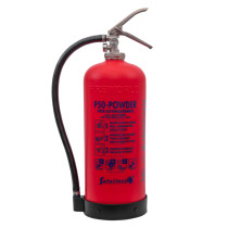 Red p50 service free 6kg powder extinguisher shown from the front with a black hose and metal handle