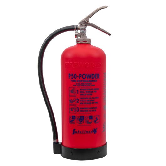 Red p50 service free 6kg powder extinguisher shown from the front with a black hose and metal handle