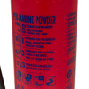 Close up of the body of a p50 med service free 6kg powder extinguisher showing blue text and instructions on red background
