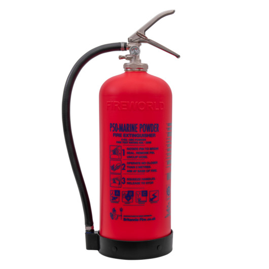 p50 med service free 6kg powder extinguisher showing front view with red body black hose and metal handle