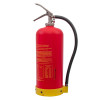 Back view of a red p50 wet chemical fire extinguisher showing the label and hose attached to the side