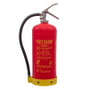 Front view of a red p50 wet chemical fire extinguisher with instructions and a black hose attached