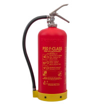 Front view of a red p50 wet chemical fire extinguisher with instructions and a black hose attached