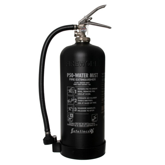 Befw6Wmb P50 6L Water Mist Fire Extinguisher black cylinder with hose and metal handle shown from front angle