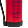 Close-up of the bottom section of a p50 service free 9kg powder extinguisher showing label instructions and base ring