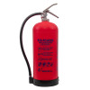 Front view of a p50 service free 9kg powder extinguisher showing the red body and hose