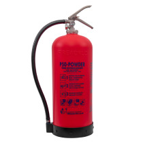 Front view of a p50 service free 9kg powder extinguisher showing the red body and hose