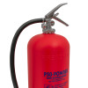 Handle of a p50 service free 9kg powder extinguisher showing the metal lever and hose connection