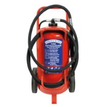 britannia norfolk 50kg wheeled abc dry powder extinguisher shown from the front with hose and wheels visible