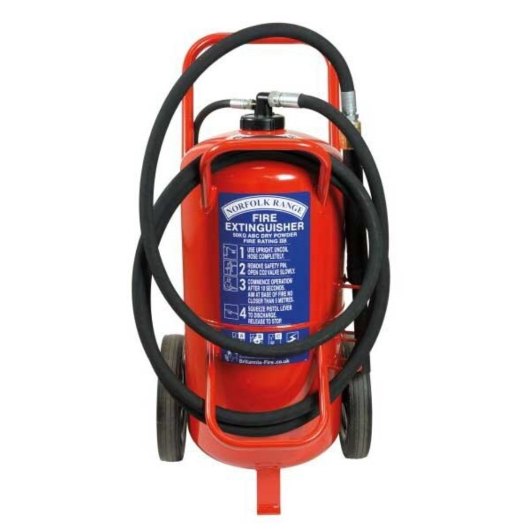 britannia norfolk 50kg wheeled abc dry powder extinguisher shown from the front with hose and wheels visible