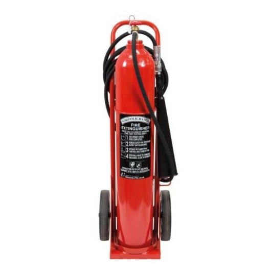 britannia norfolk 20kg wheeled co2 extinguisher med showing front view with red cylinder and black hose attached